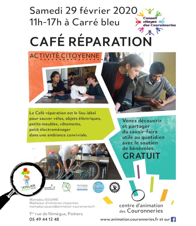 Café Réparation aux Couronneries à Poitiers, le 29 février 2020, avec la participation de l'Atelier du 19.